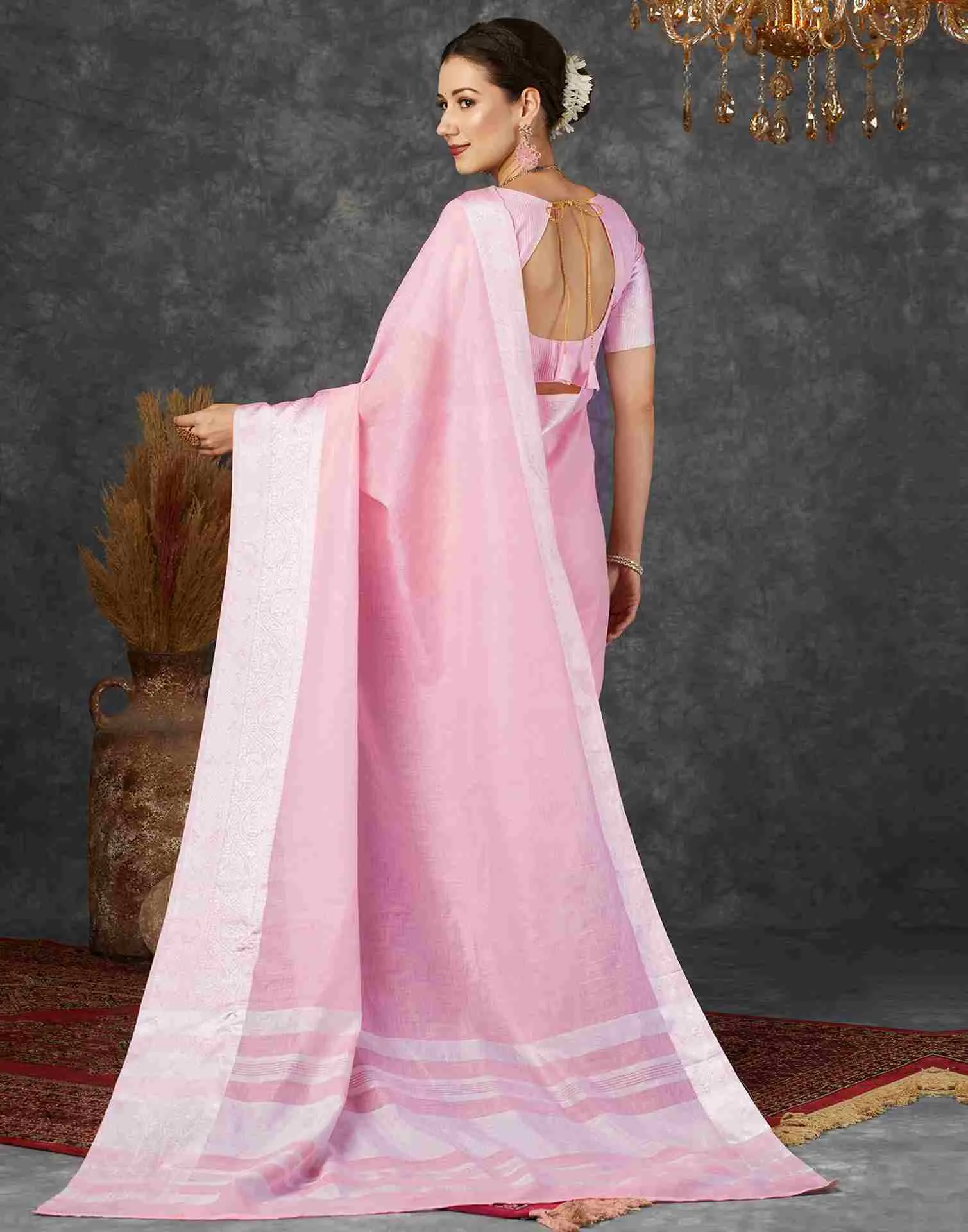 Light Pink Cotton Woven Banarasi Saree