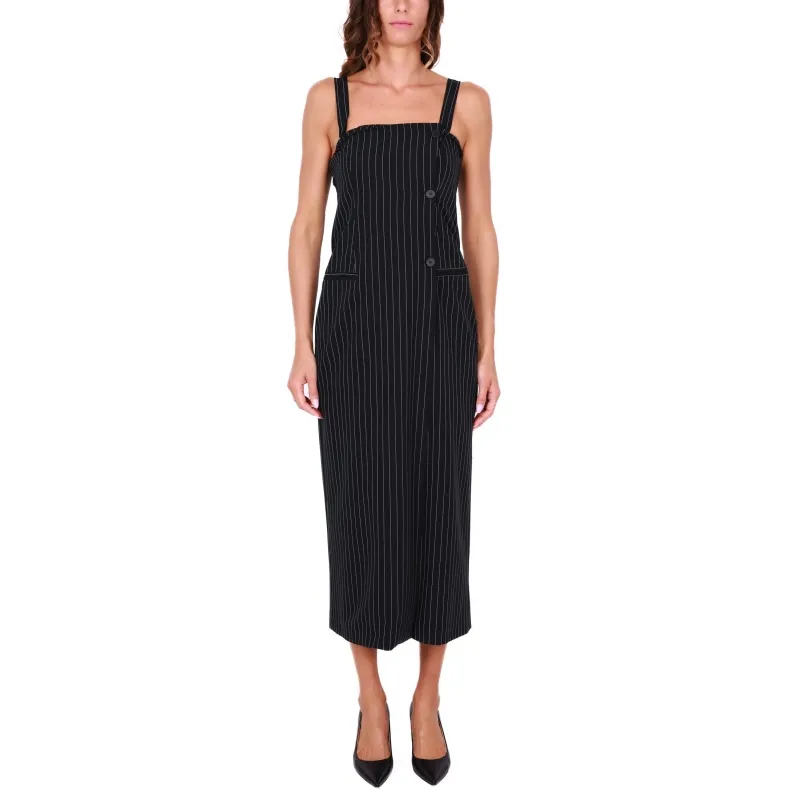 Long Striped Dress with Thin Straps, Black