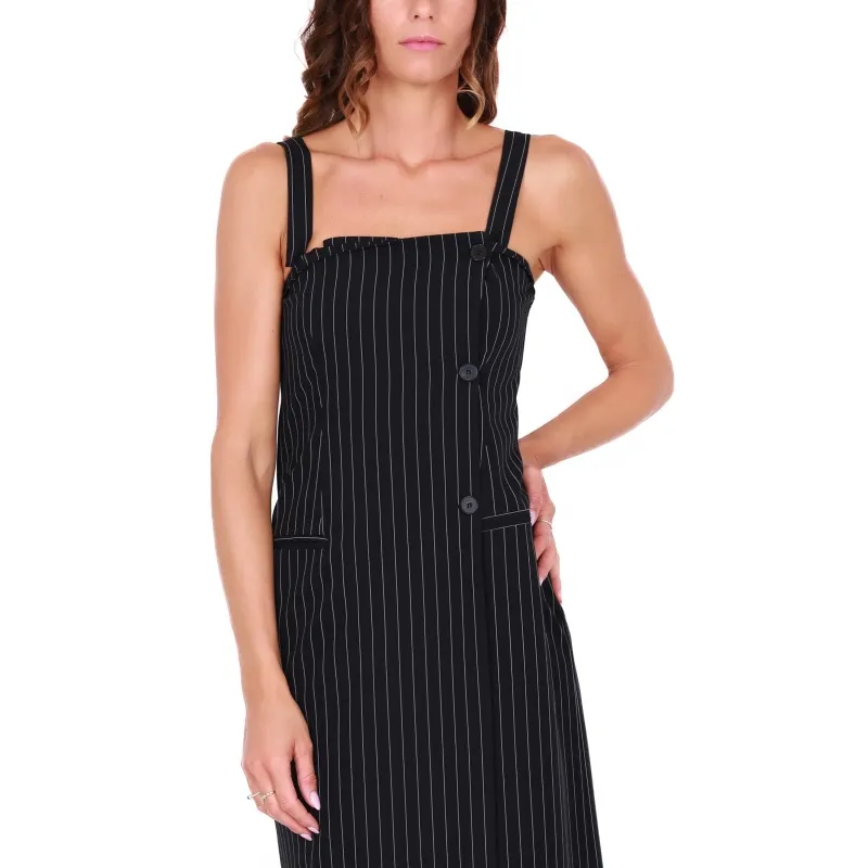 Long Striped Dress with Thin Straps, Black