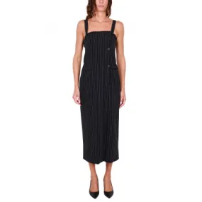 Long Striped Dress with Thin Straps, Black