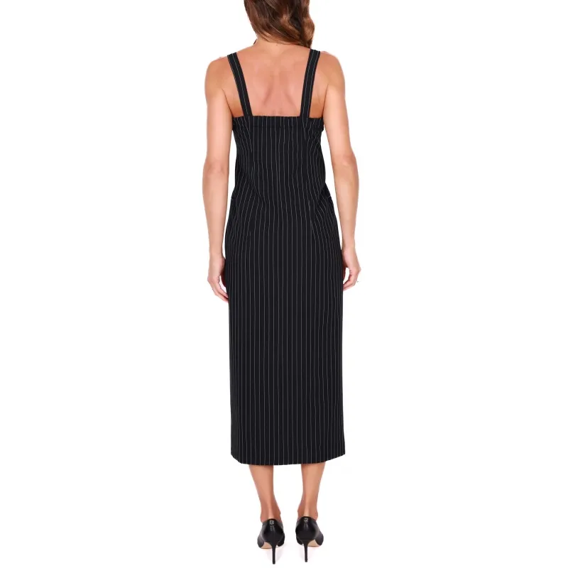 Long Striped Dress with Thin Straps, Black