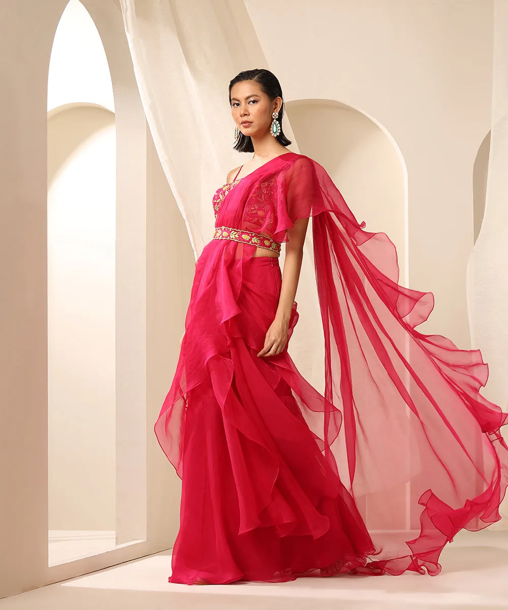 Magenta Organza Pre-Stitched Ruffled Saree