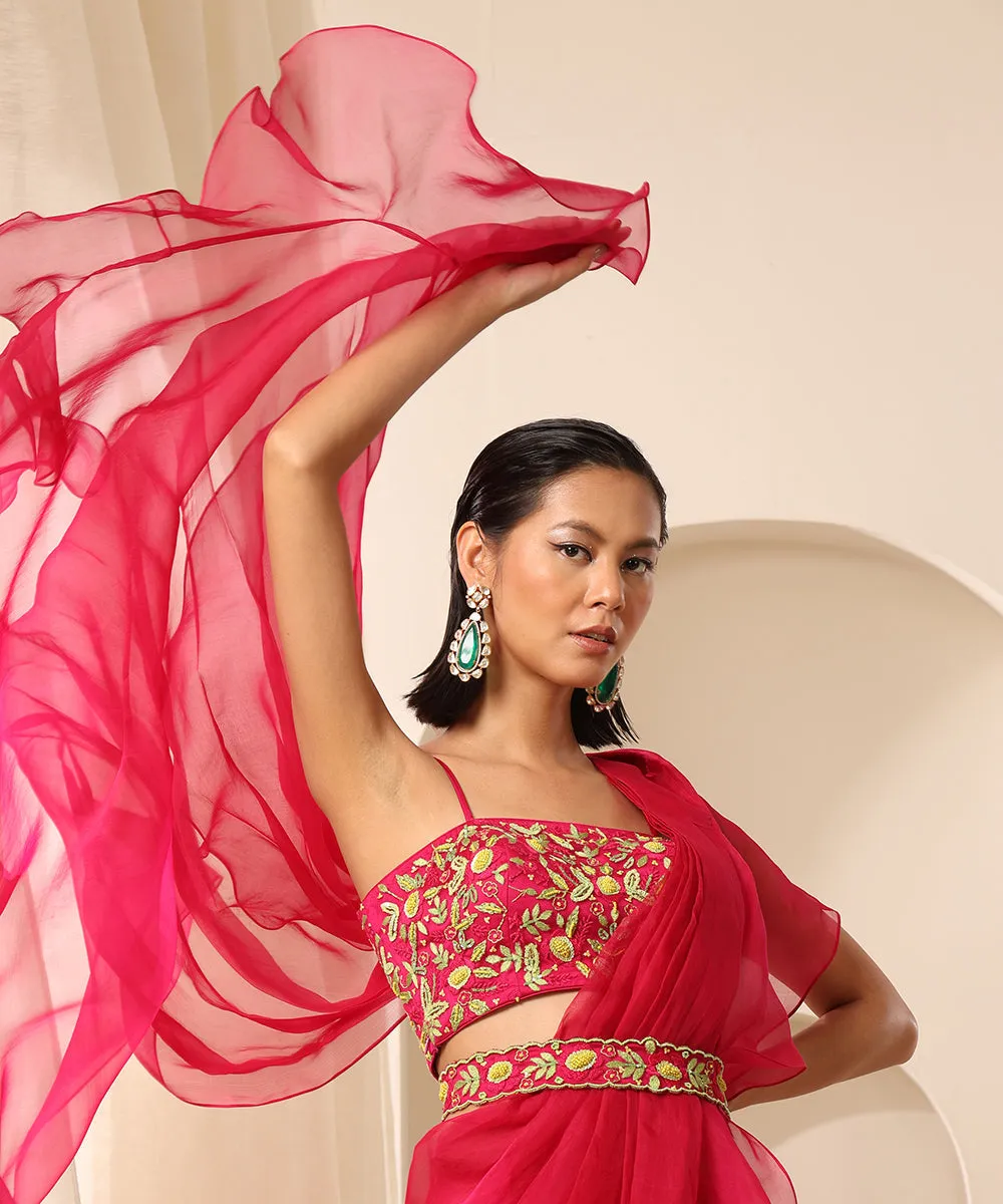 Magenta Organza Pre-Stitched Ruffled Saree