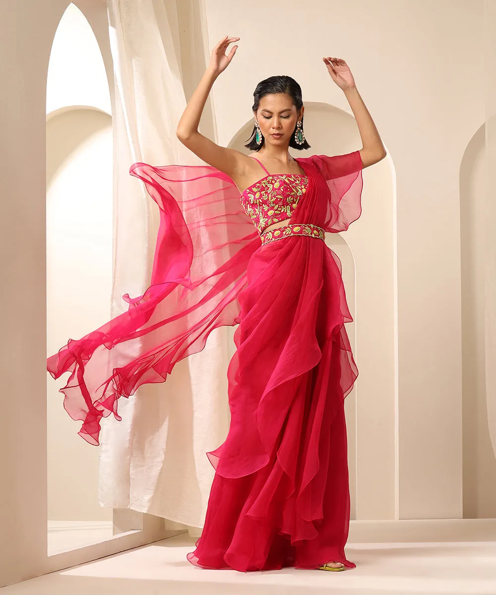 Magenta Organza Pre-Stitched Ruffled Saree