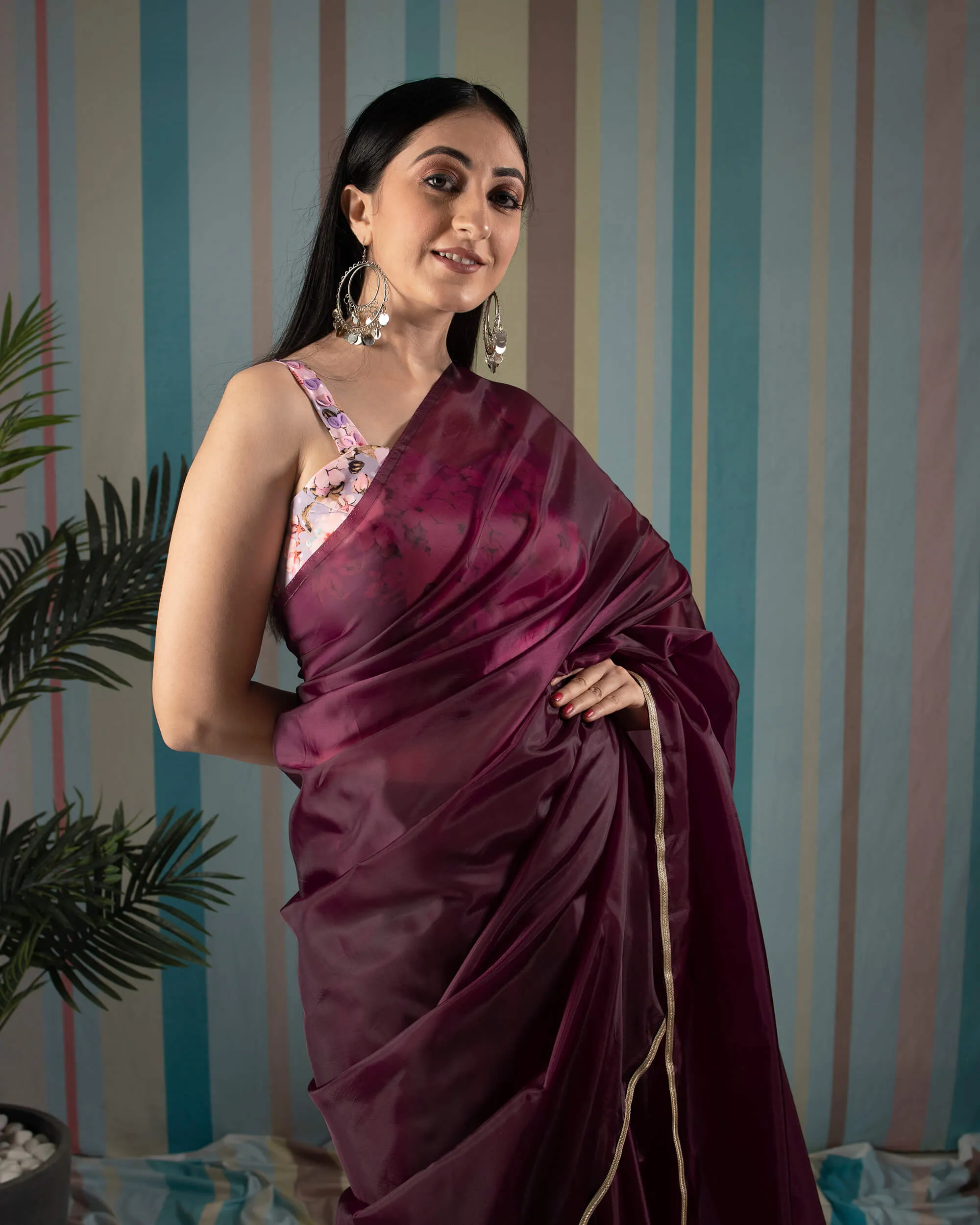 Maroon Plain Liquid Organza Saree With Lace Border