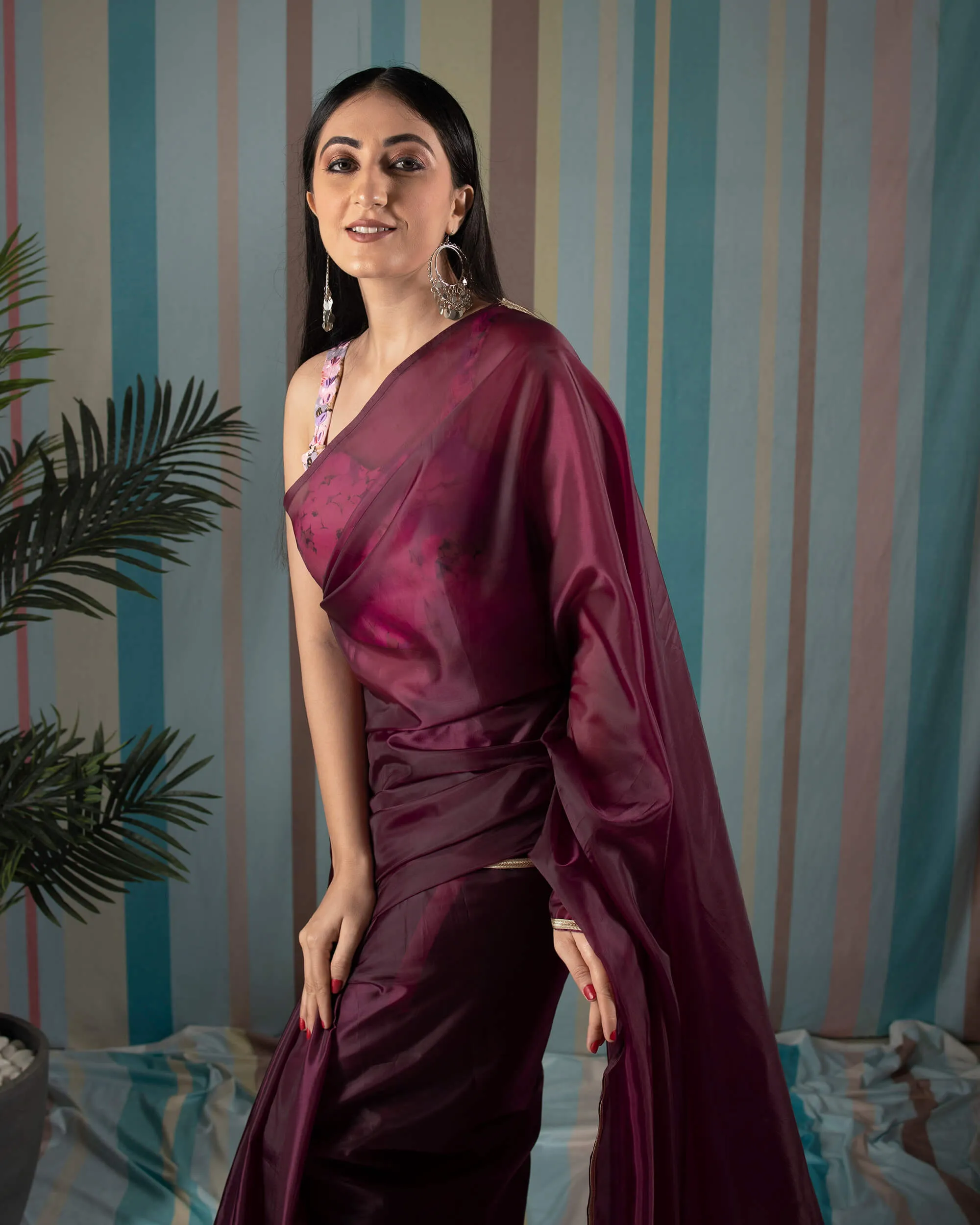 Maroon Plain Liquid Organza Saree With Lace Border