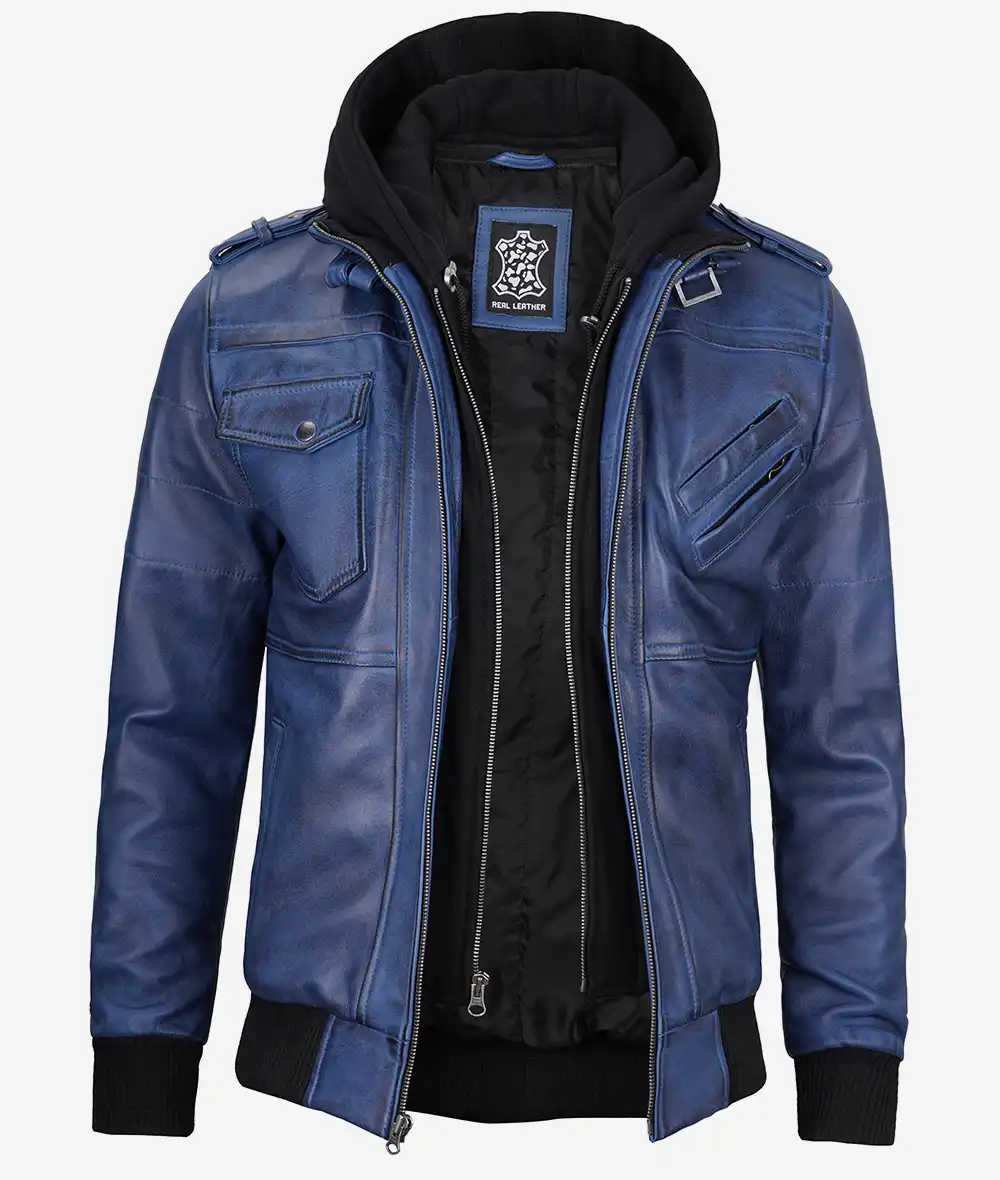 Men's Blue Wax Leather Jacket With Hood