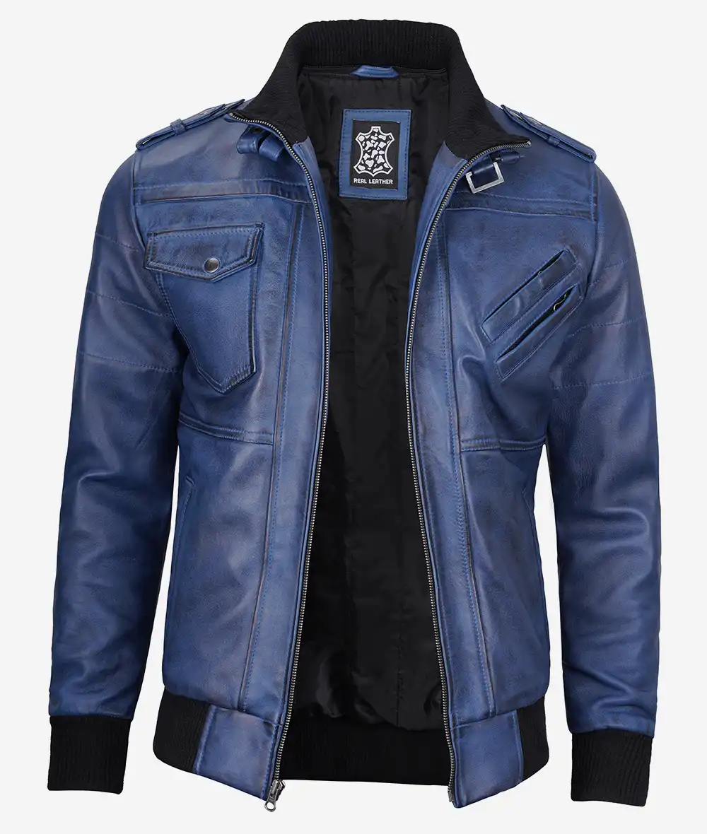 Men's Blue Wax Leather Jacket With Hood