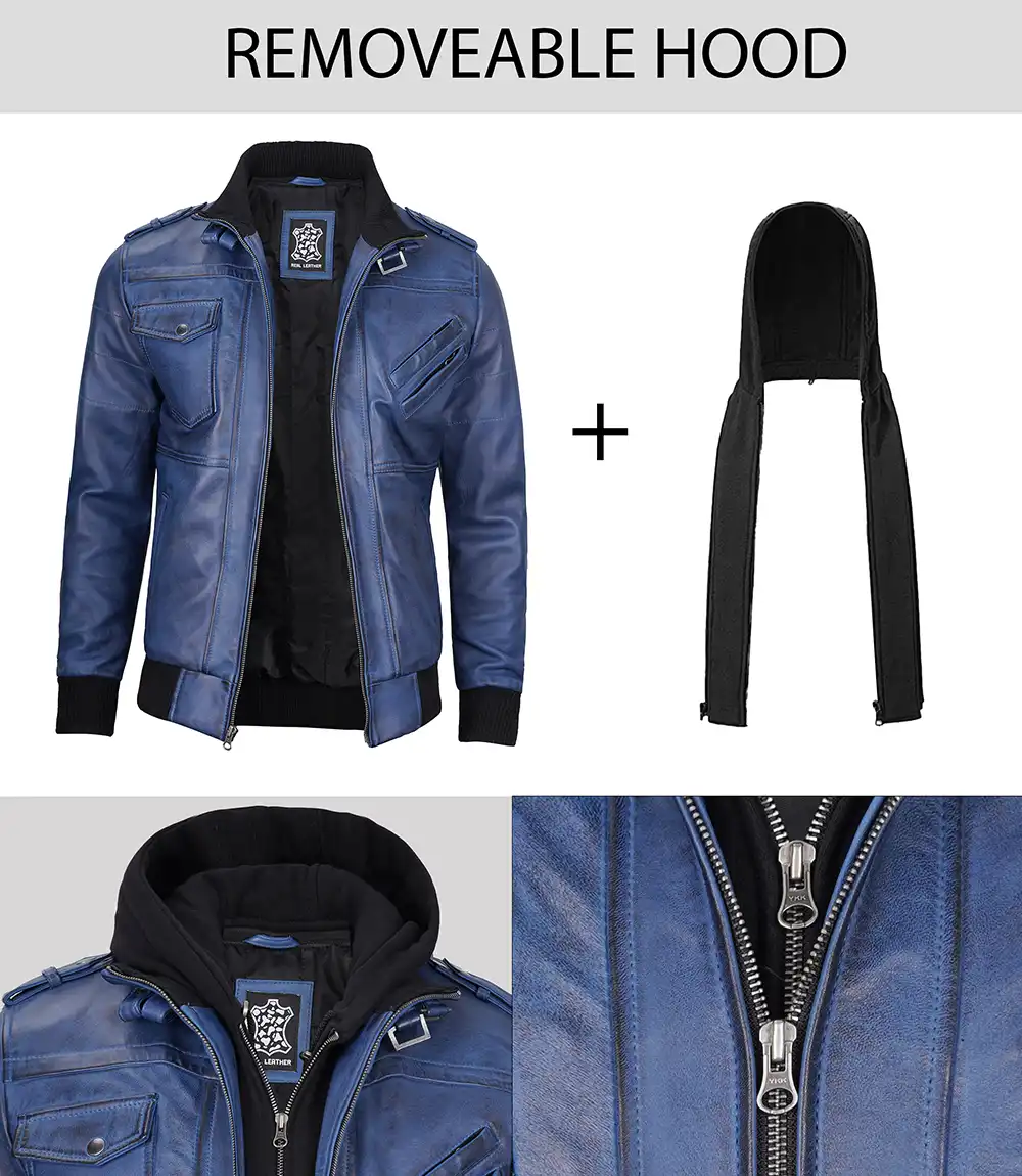 Men's Blue Wax Leather Jacket With Hood