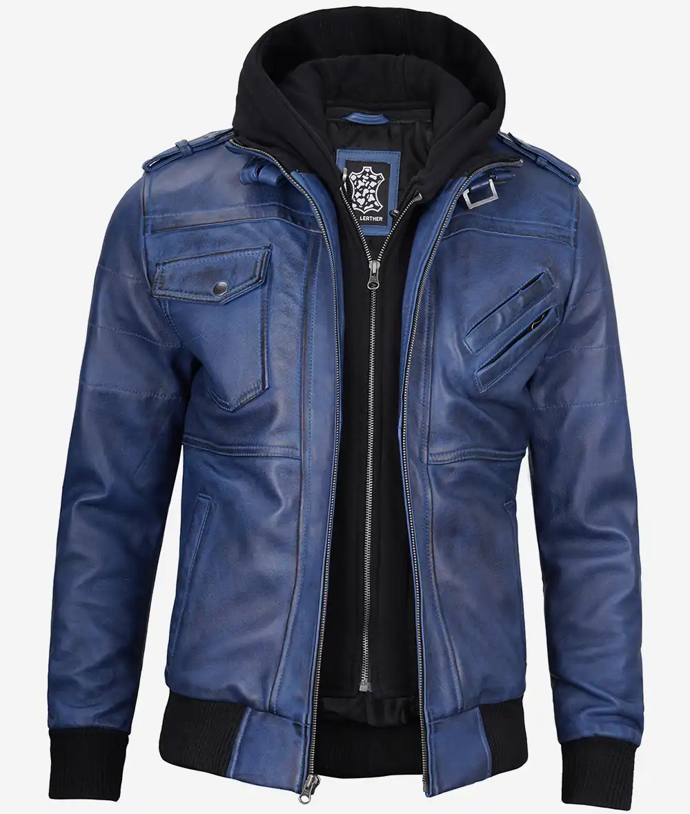 Men's Blue Wax Leather Jacket With Hood