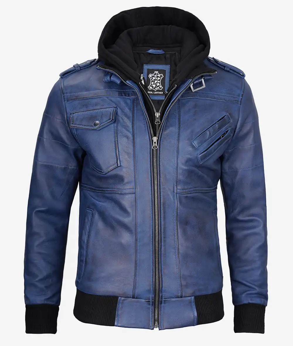 Men's Blue Wax Leather Jacket With Hood