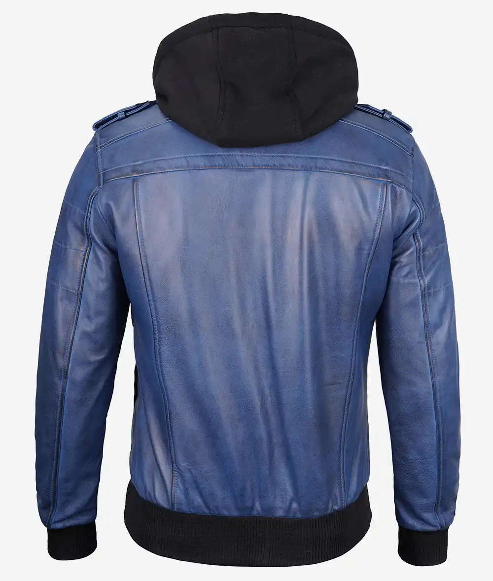 Men's Blue Wax Leather Jacket With Hood