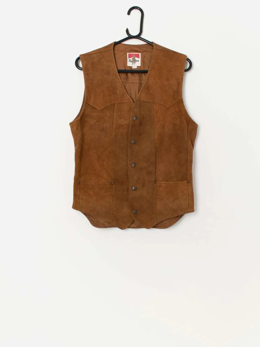 Men’s 70s vintage Marlboro suede waistcoat in tan – Small