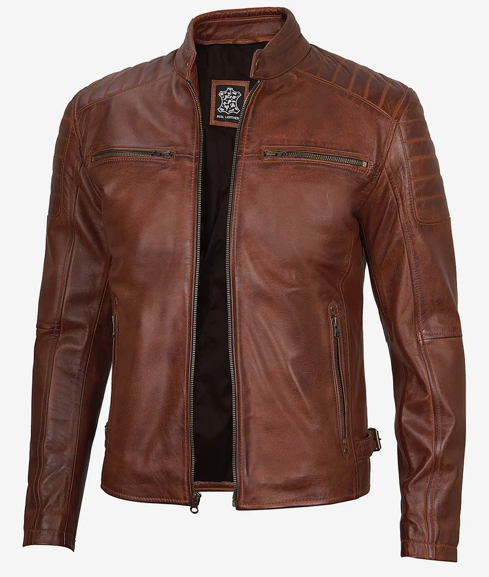 Mens Cognac Waxed Cafe Racer Leather Jacket