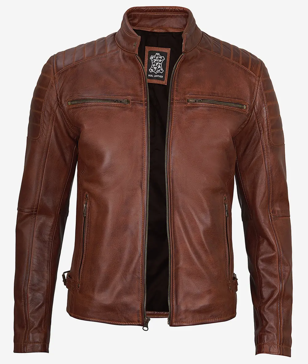 Mens Cognac Waxed Cafe Racer Leather Jacket