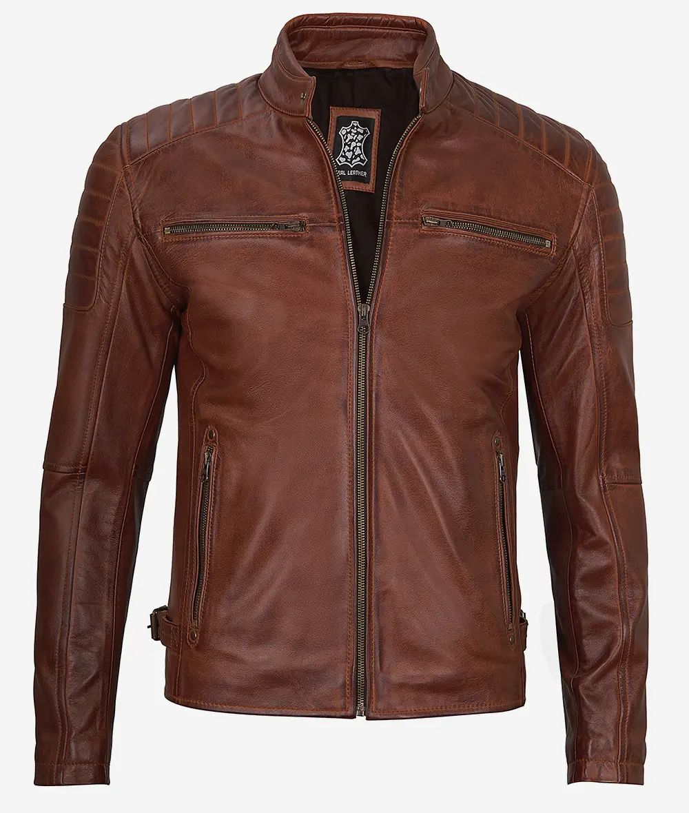 Mens Cognac Waxed Cafe Racer Leather Jacket