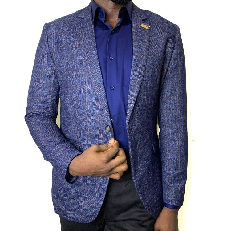 Men's navy blue blazer with grain pattern