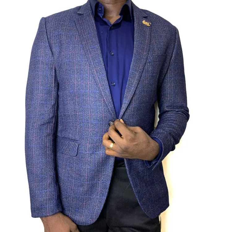 Men's navy blue blazer with grain pattern