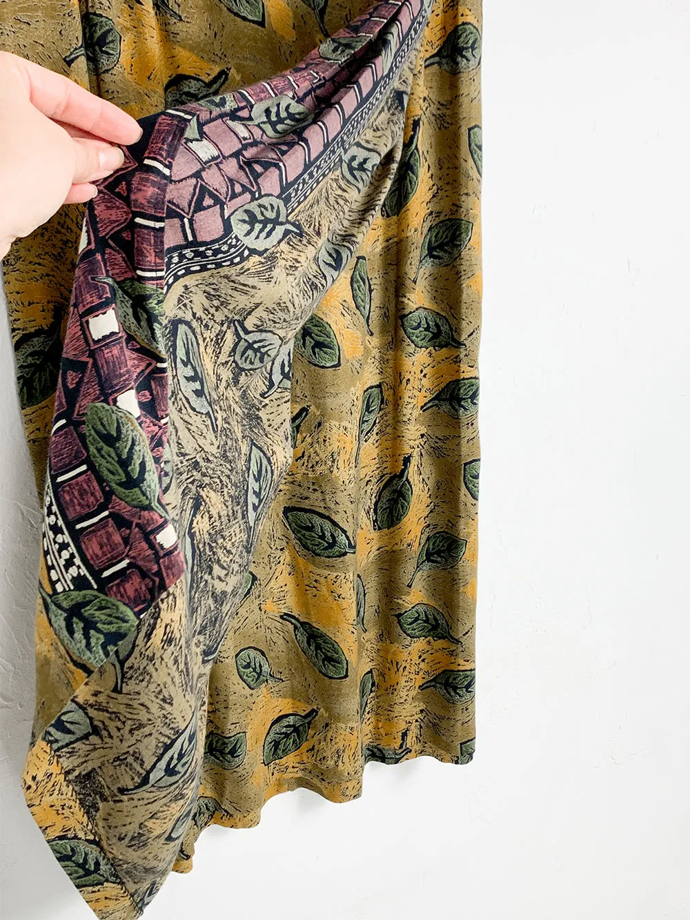 MW 80s Leaf Print Rayon Midi Skirt