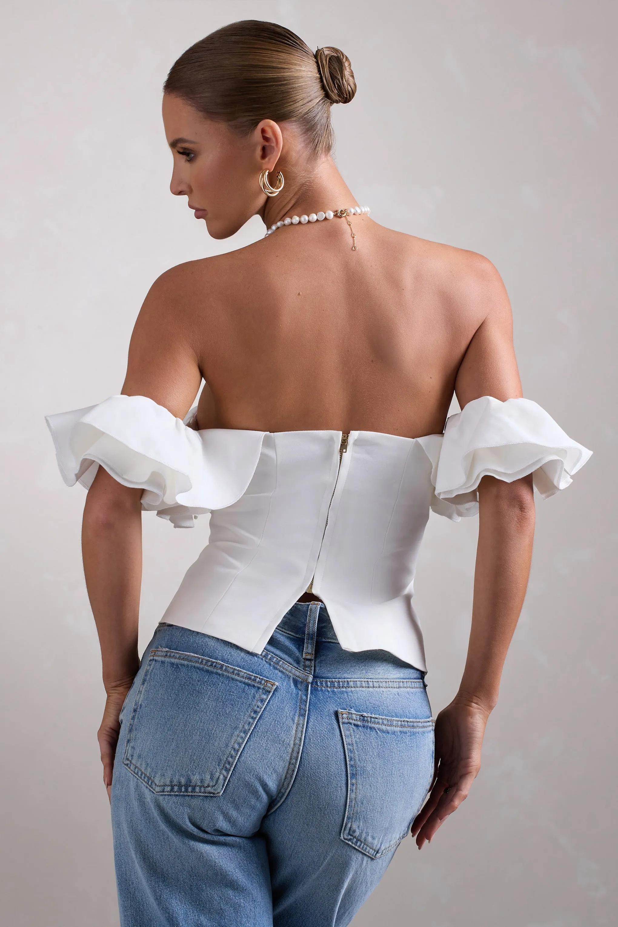 Naturally | White Cotton-Blend Structured Bardot Top