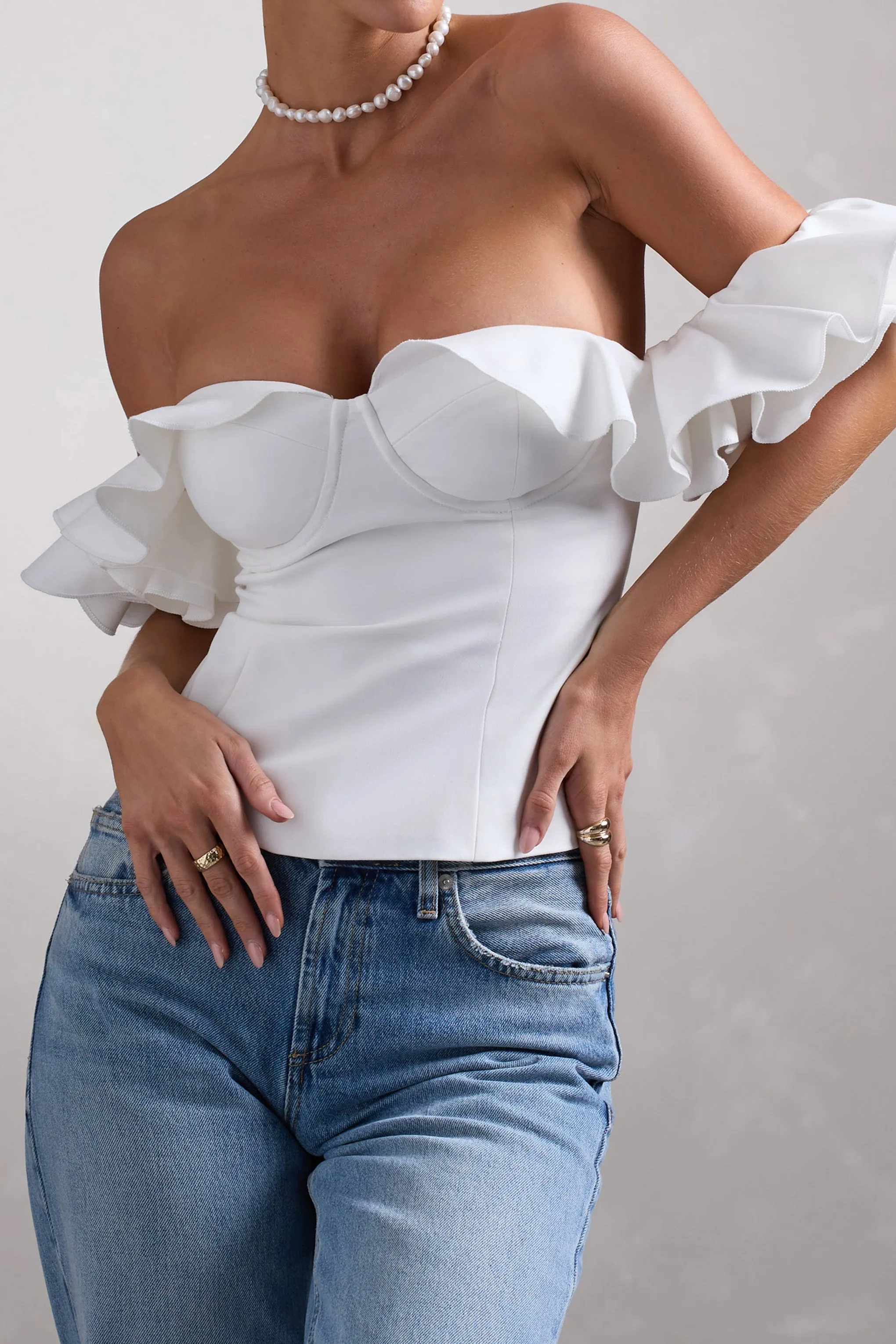 Naturally | White Cotton-Blend Structured Bardot Top