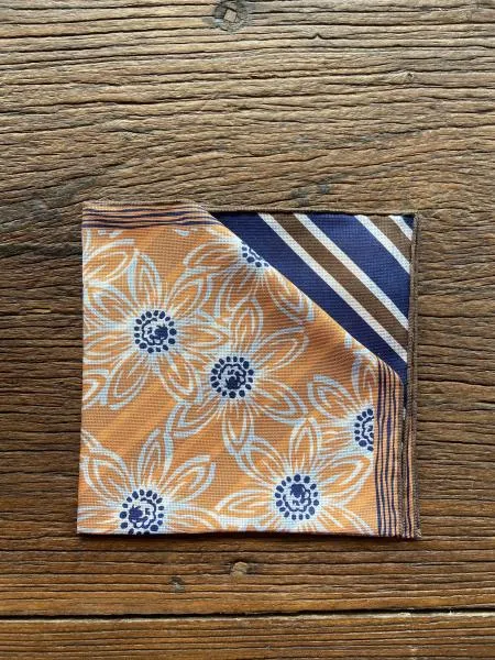 Navy and orange floral-stripe pocket square