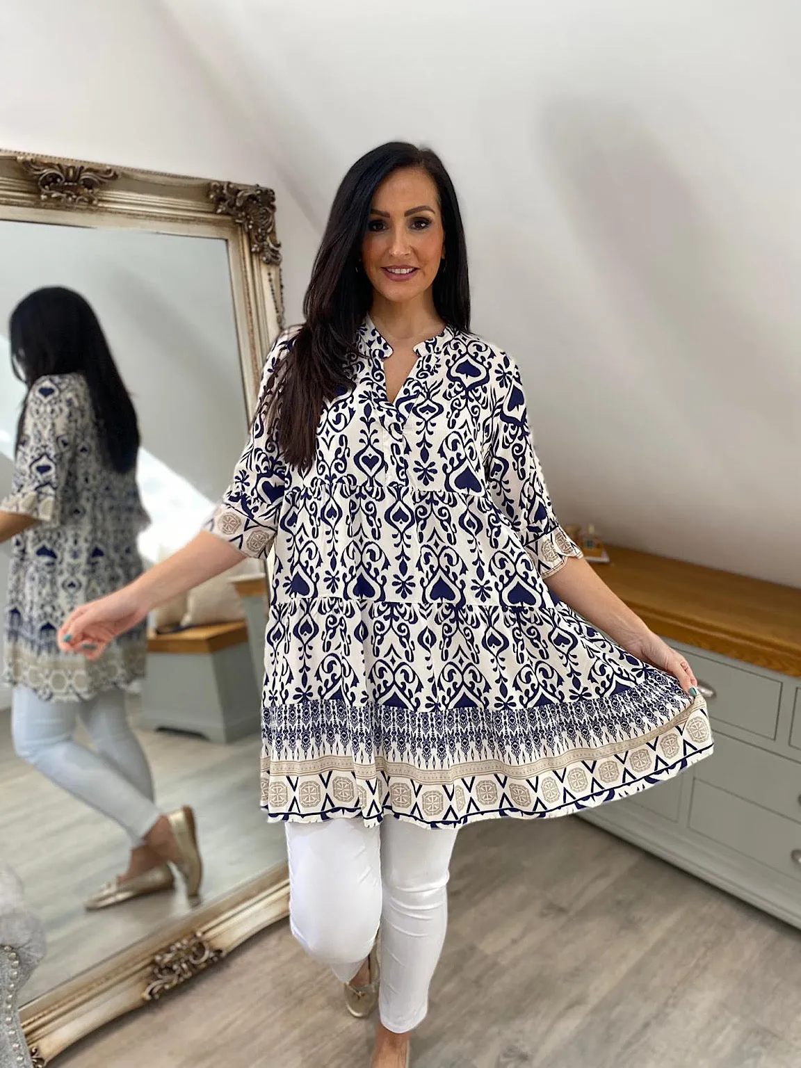 Navy Flared Sleeve Tunic, Multi Pattern, Rachel