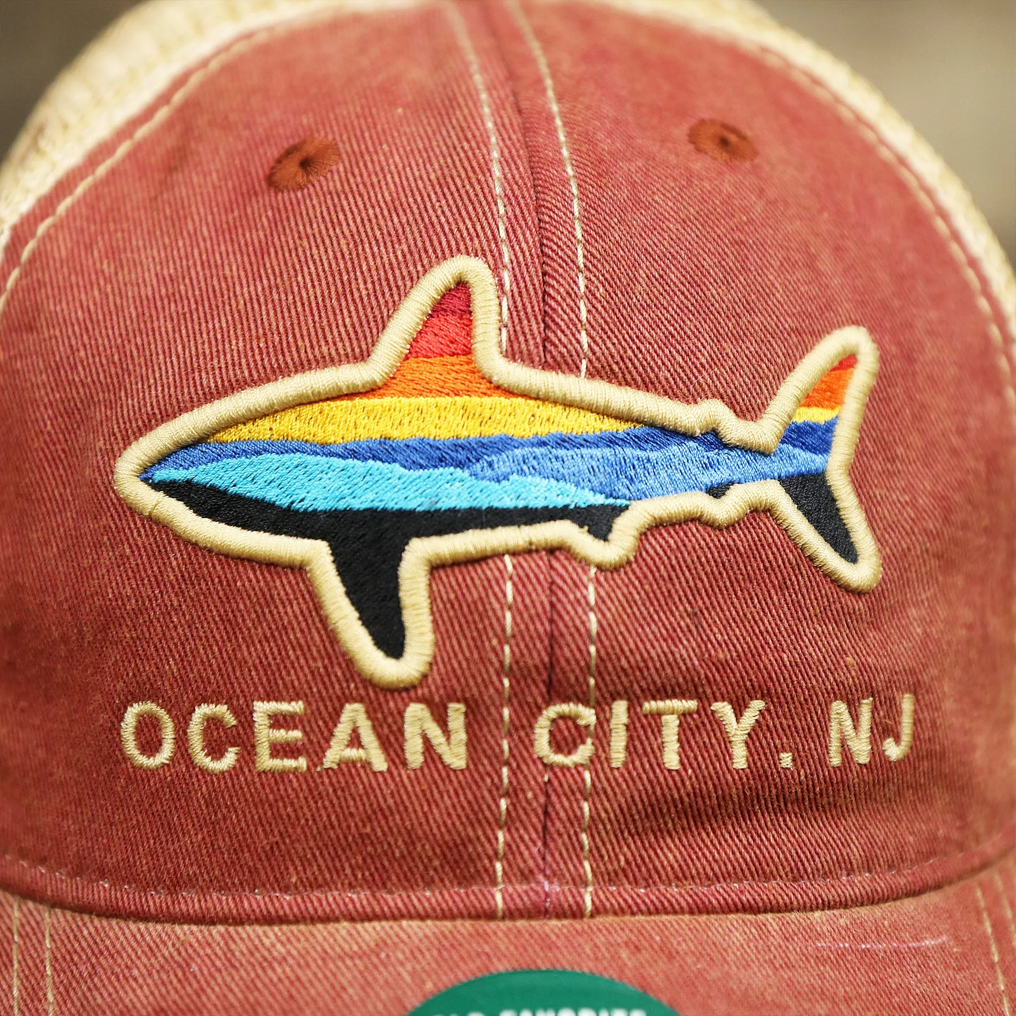 Ocean City Horizon Shark Vintage Mesh Back Trucker Hat | Cardinal