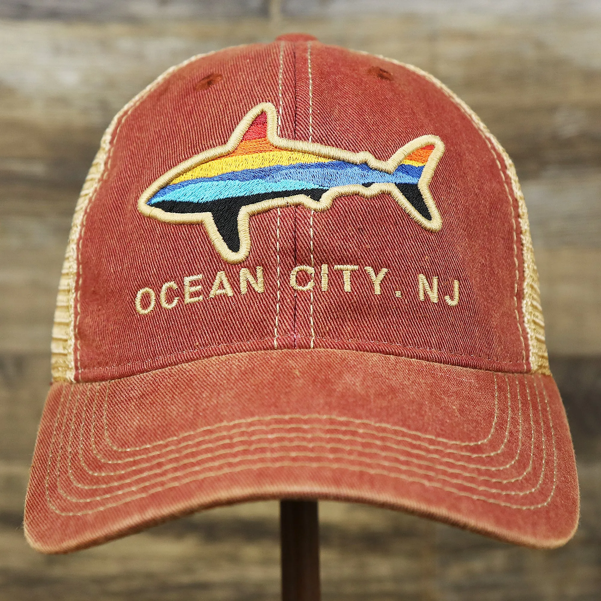 Ocean City Horizon Shark Vintage Mesh Back Trucker Hat | Cardinal