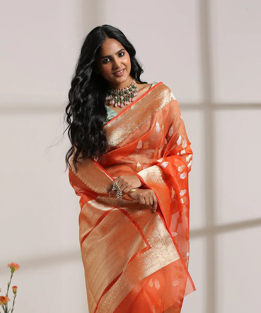 Orange Handloom Kora Silk Banarasi Saree With Kadhwa Zari Booti