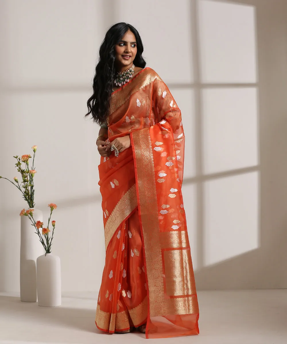 Orange Handloom Kora Silk Banarasi Saree With Kadhwa Zari Booti