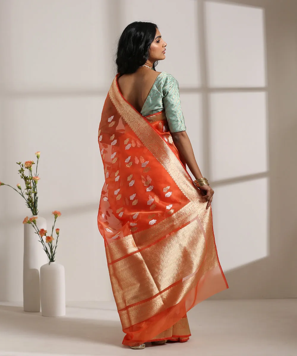 Orange Handloom Kora Silk Banarasi Saree With Kadhwa Zari Booti