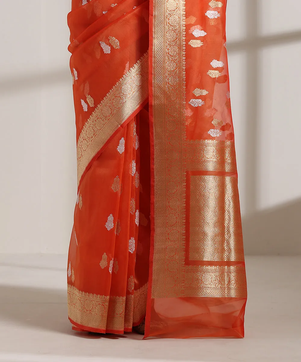 Orange Handloom Kora Silk Banarasi Saree With Kadhwa Zari Booti