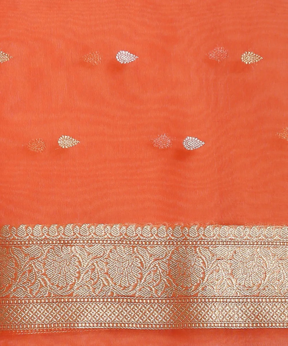 Orange Handloom Kora Silk Banarasi Saree With Kadhwa Zari Booti