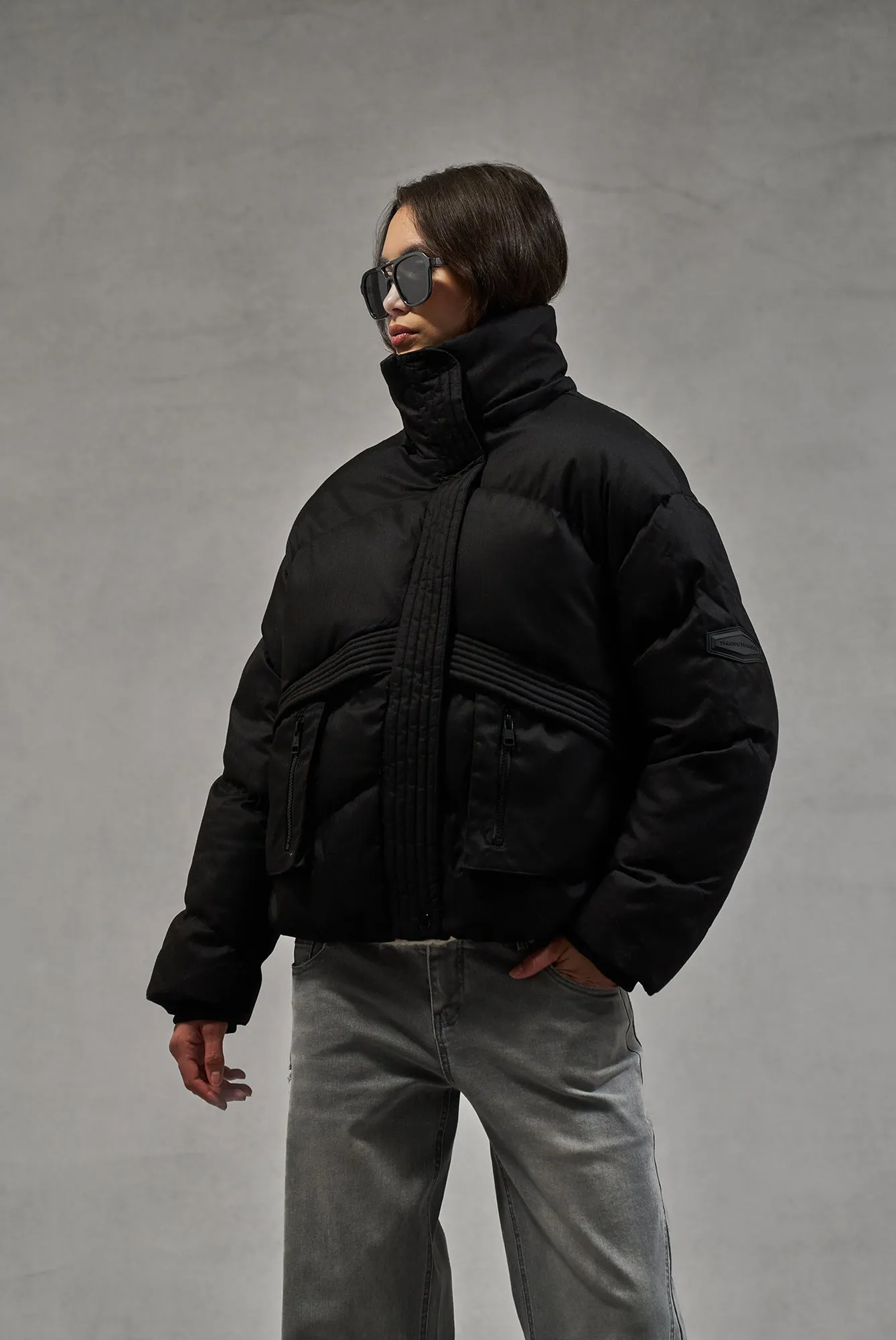 OVERSIZED TIE HEM PUFFER JACKET - BLACK