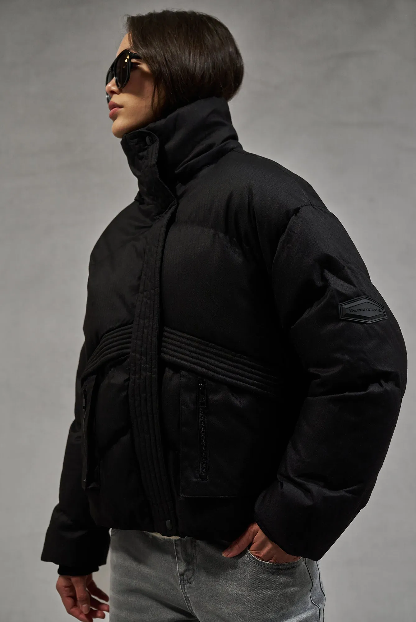 OVERSIZED TIE HEM PUFFER JACKET - BLACK