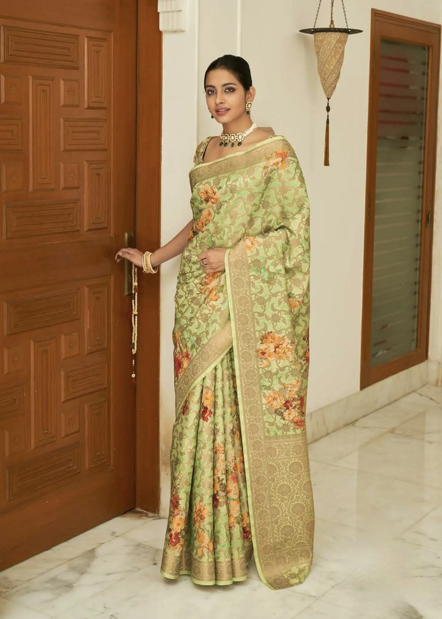 Pastel Green Colour Banaras Silk Saree