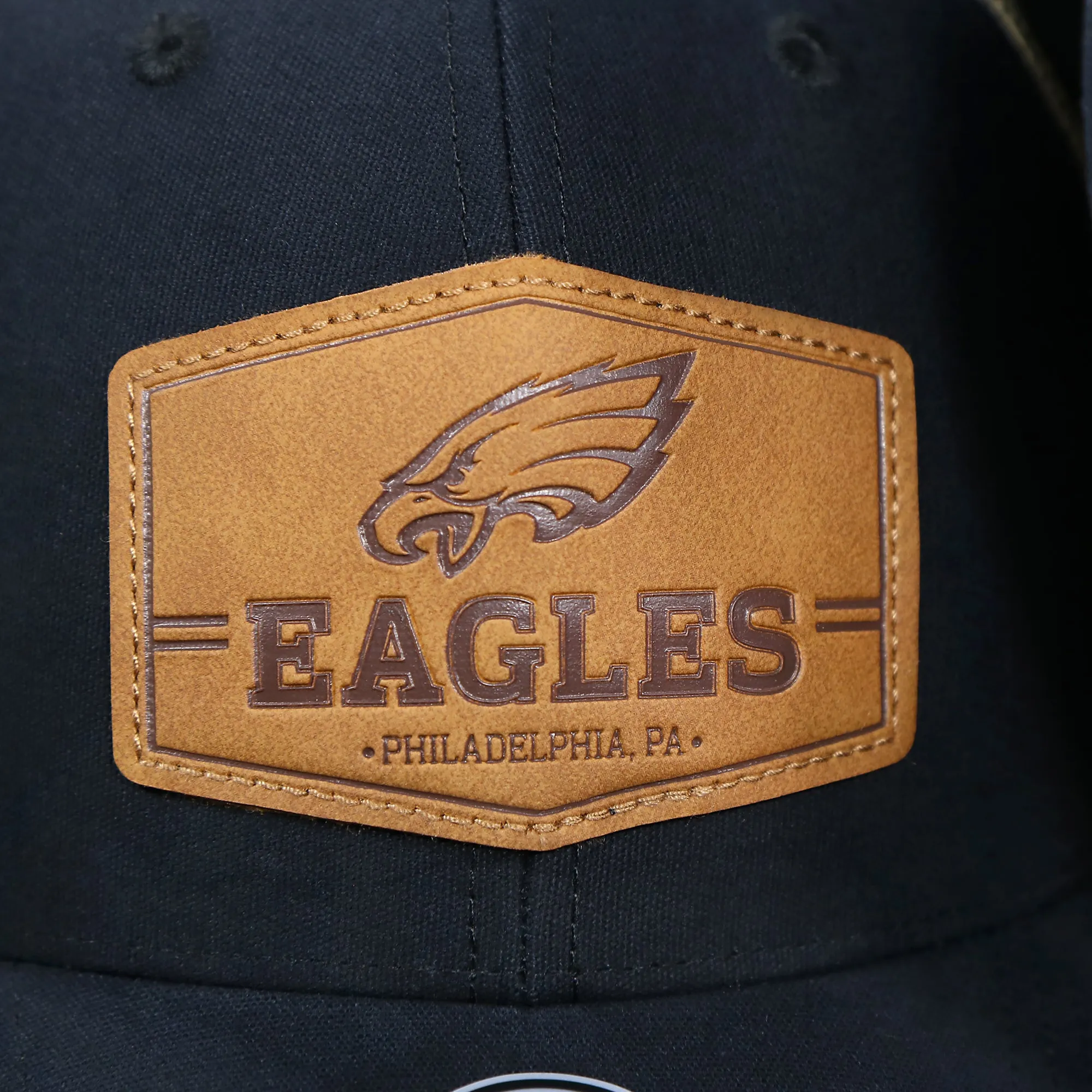 Philadelphia Eagles Leather Patch Mesh Back Trucker Hat in Black | Trucker Hat