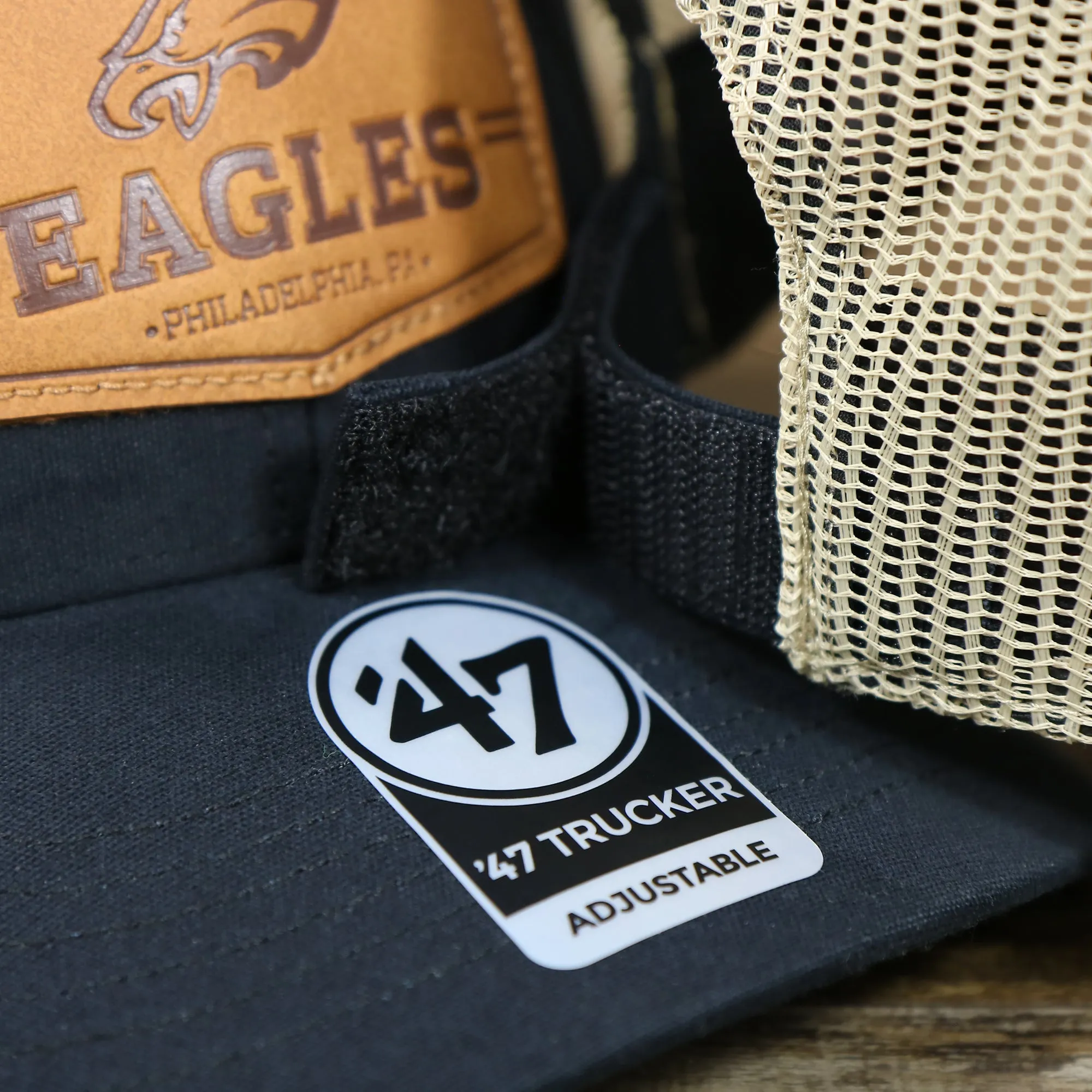 Philadelphia Eagles Leather Patch Mesh Back Trucker Hat in Black | Trucker Hat