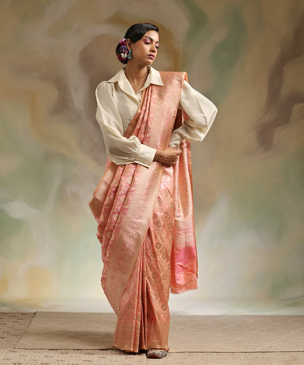 Pink And Peach Double Shade Pure Katan Silk Banarasi Saree With Cutwork Jaal