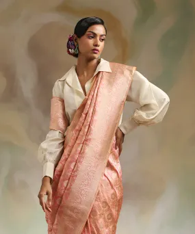 Pink And Peach Double Shade Pure Katan Silk Banarasi Saree With Cutwork Jaal