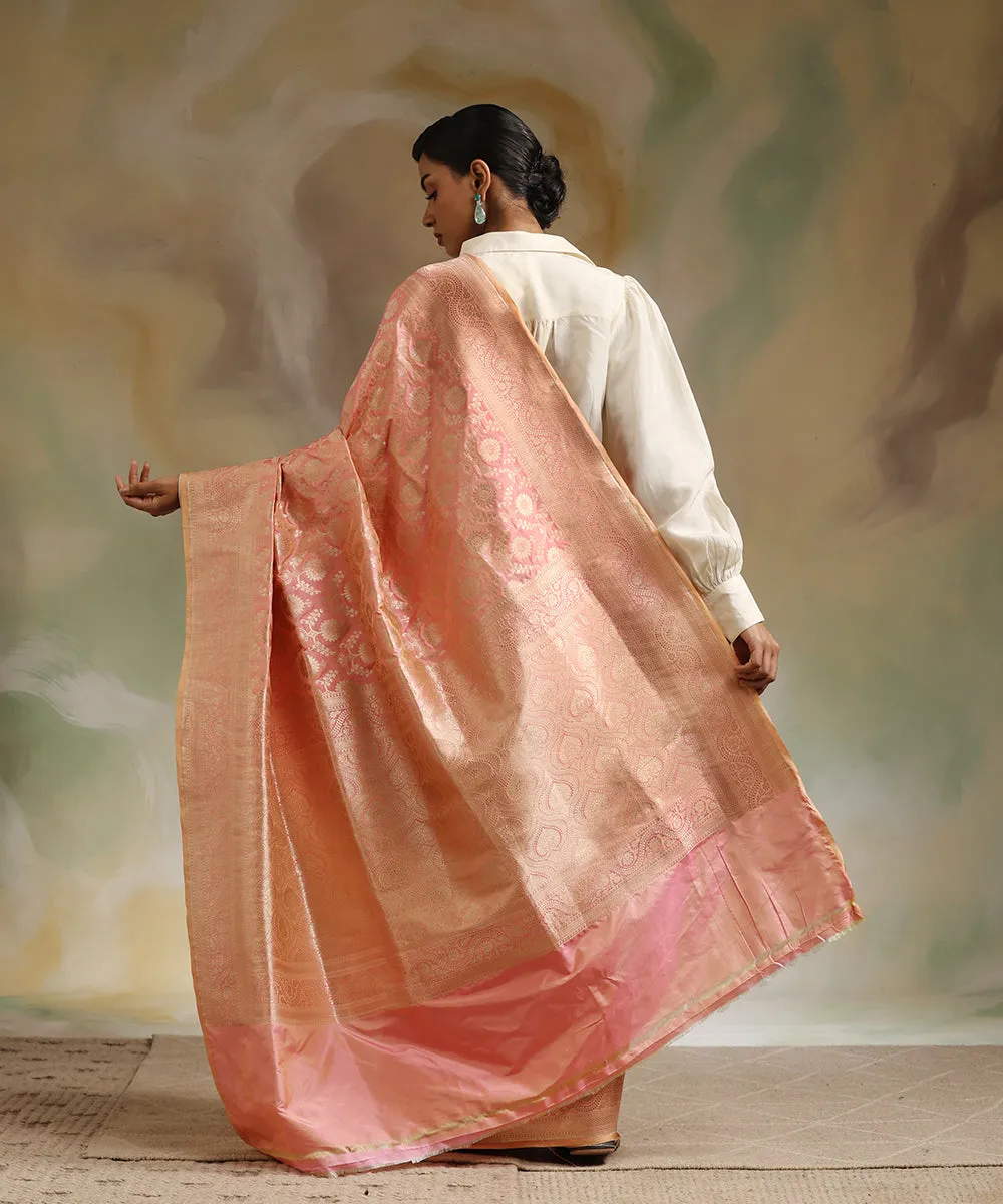 Pink And Peach Double Shade Pure Katan Silk Banarasi Saree With Cutwork Jaal