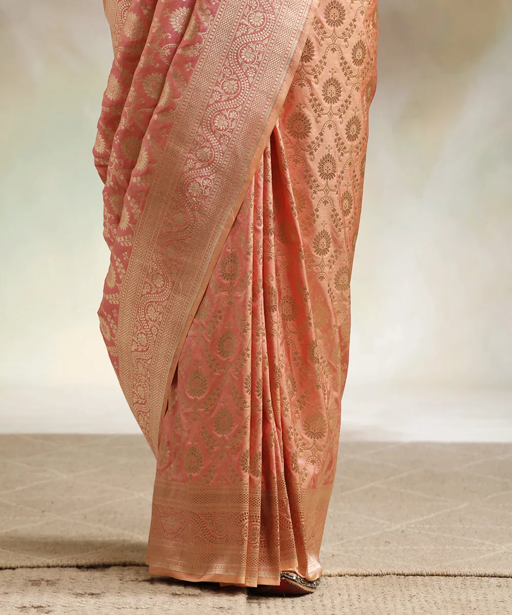 Pink And Peach Double Shade Pure Katan Silk Banarasi Saree With Cutwork Jaal