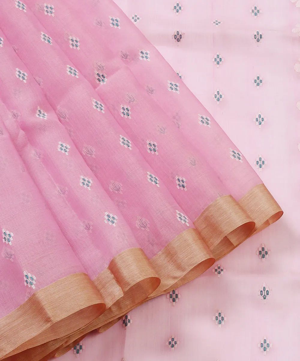 Pink Handloom Silk Muslin Jamdani Saree With Green Booti