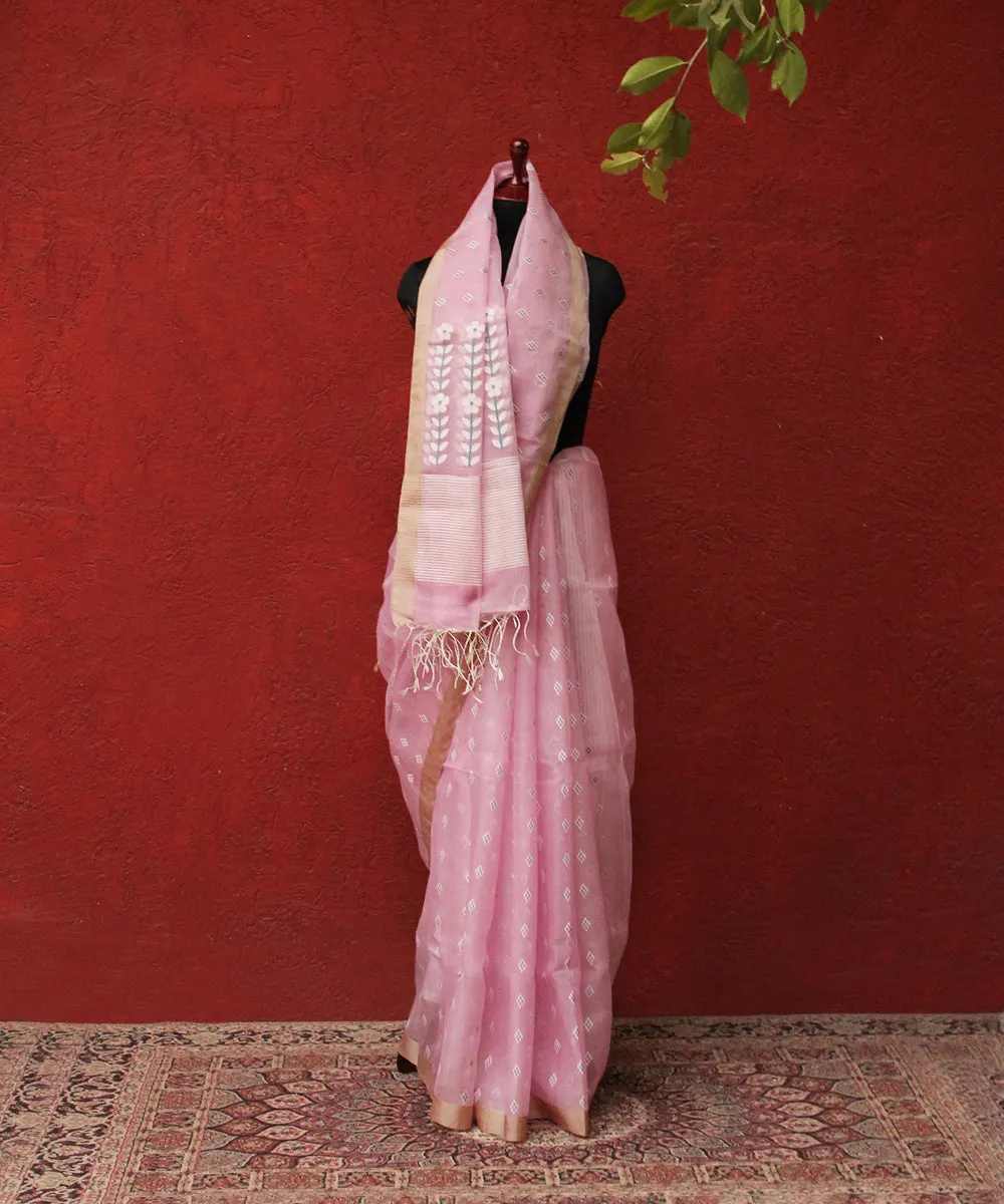 Pink Handloom Silk Muslin Jamdani Saree With Green Booti