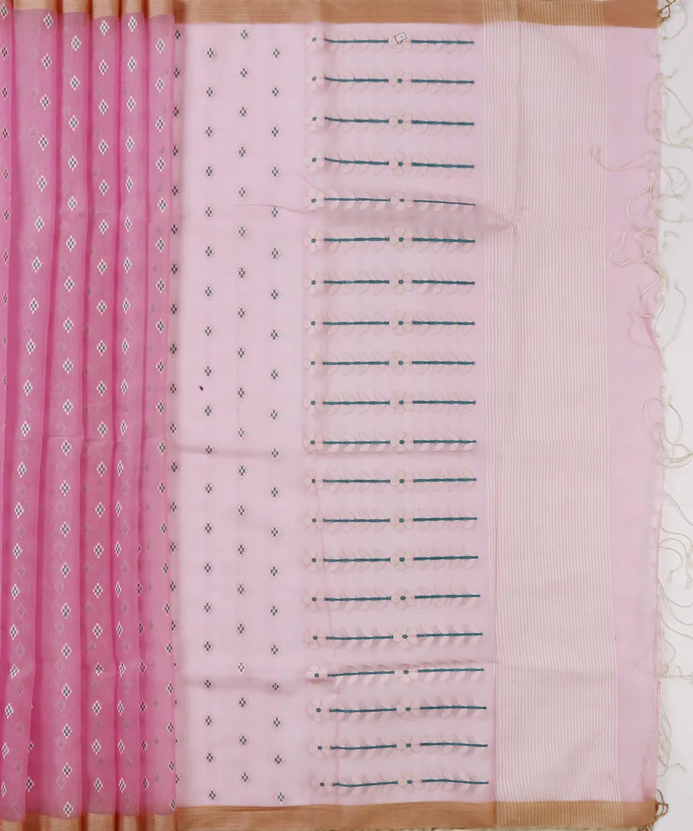 Pink Handloom Silk Muslin Jamdani Saree With Green Booti