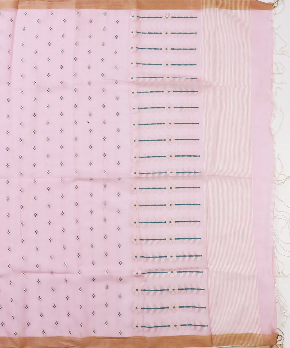 Pink Handloom Silk Muslin Jamdani Saree With Green Booti