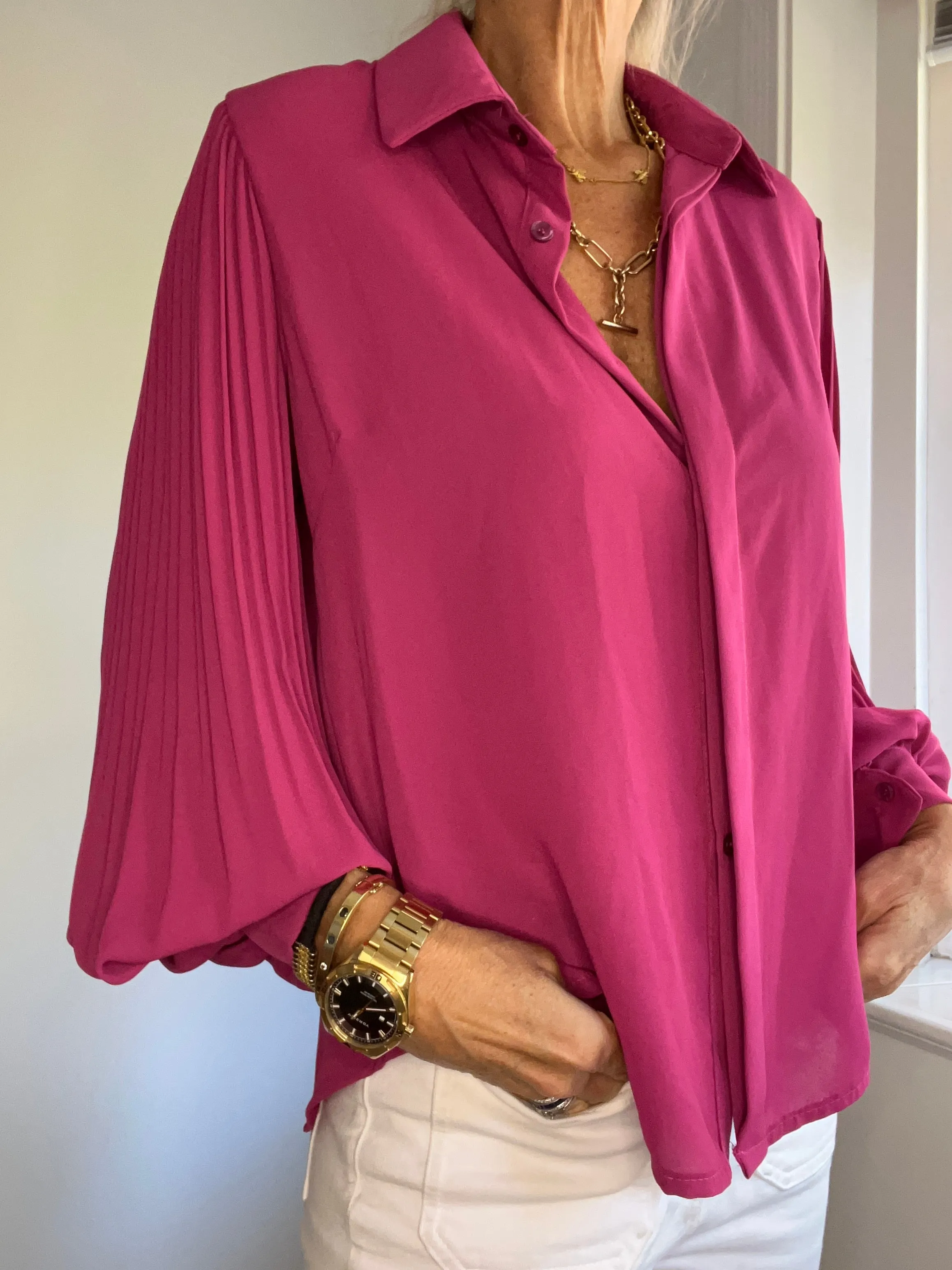 Pink Pleated Sleeve Blouse for Women