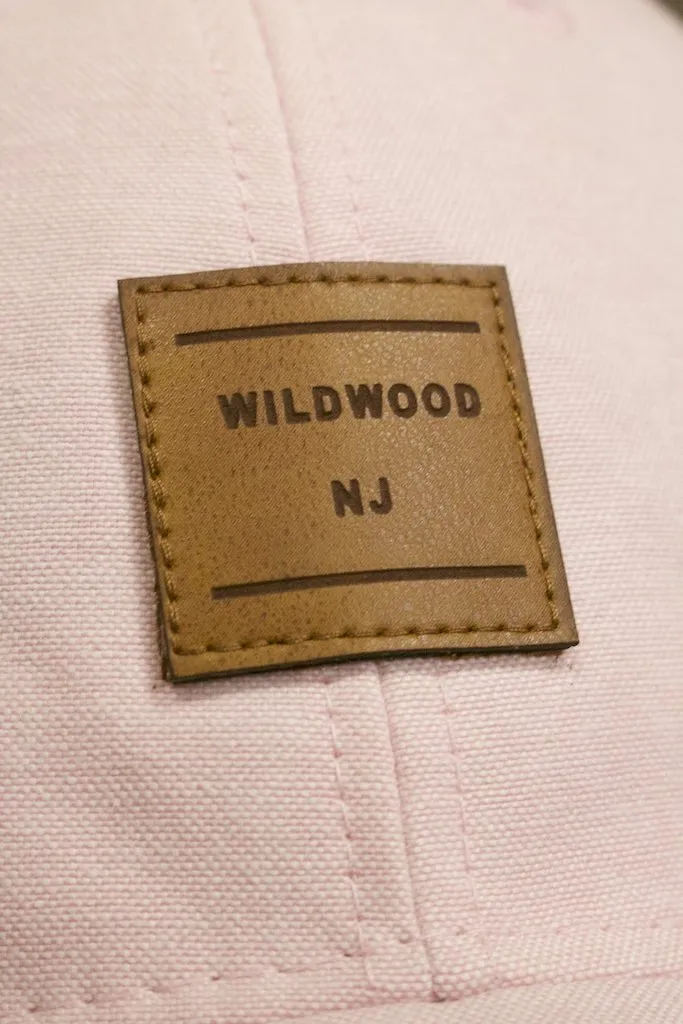 Pink Wildwood hat, Wildwood New Jersey, Oxford Pink Square, Leather Logo, Adjustable Baseball Cap