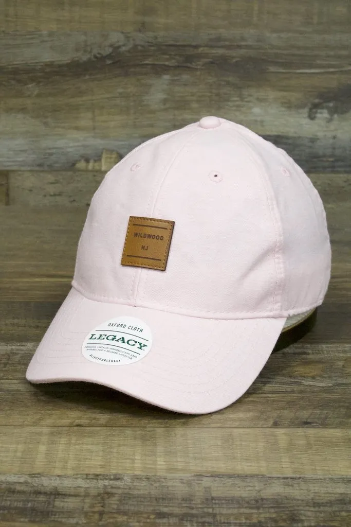 Pink Wildwood hat, Wildwood New Jersey, Oxford Pink Square, Leather Logo, Adjustable Baseball Cap